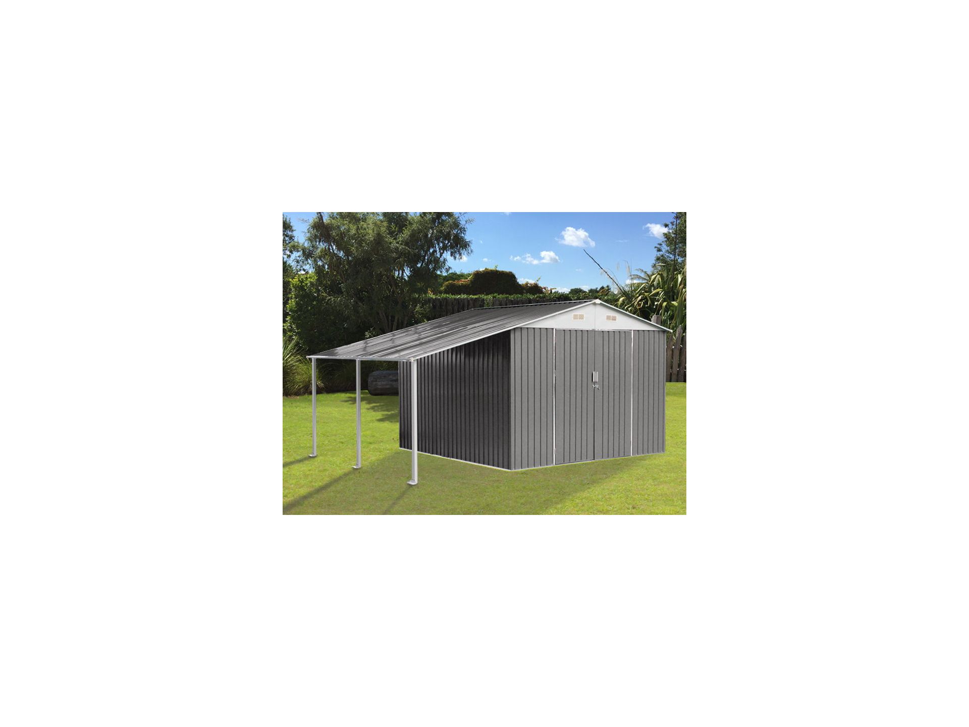 TOUGHOUT Garden Shed with Side Canopy 4.40M x 3.03M x 2.22M GREY