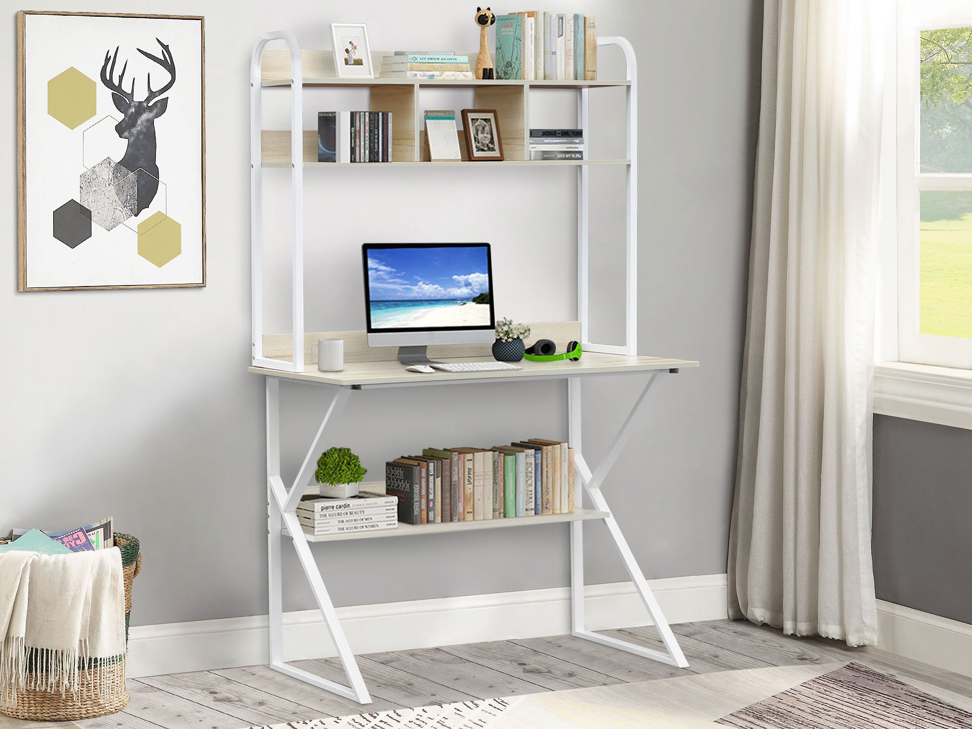 Bookcase with outlet computer desk