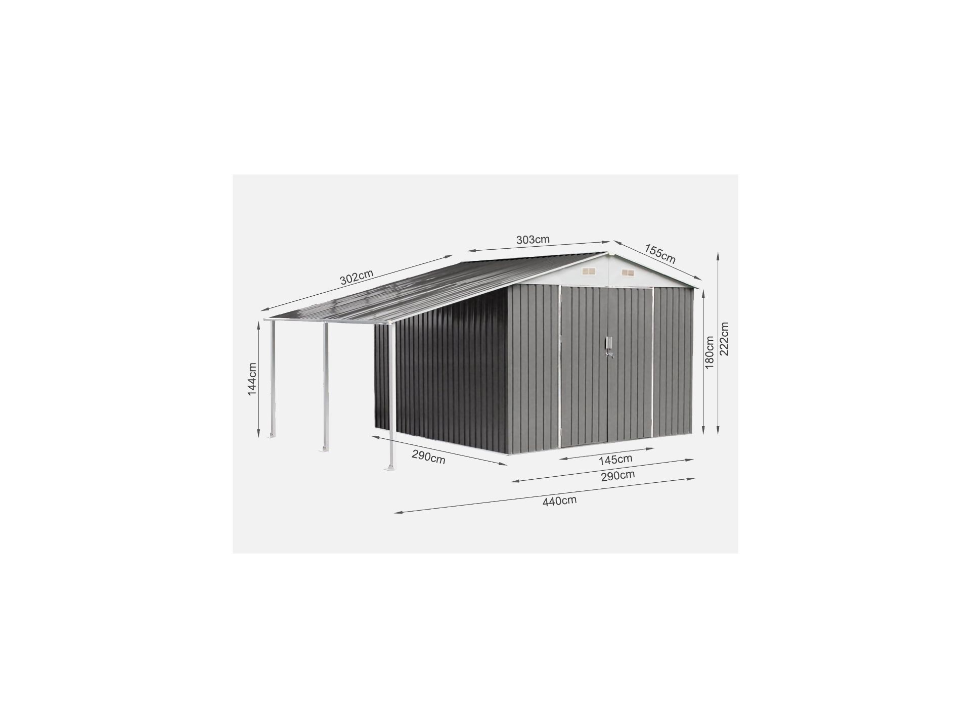 TOUGHOUT Garden Shed with Side Canopy 4.40M x 3.03M x 2.22M GREY