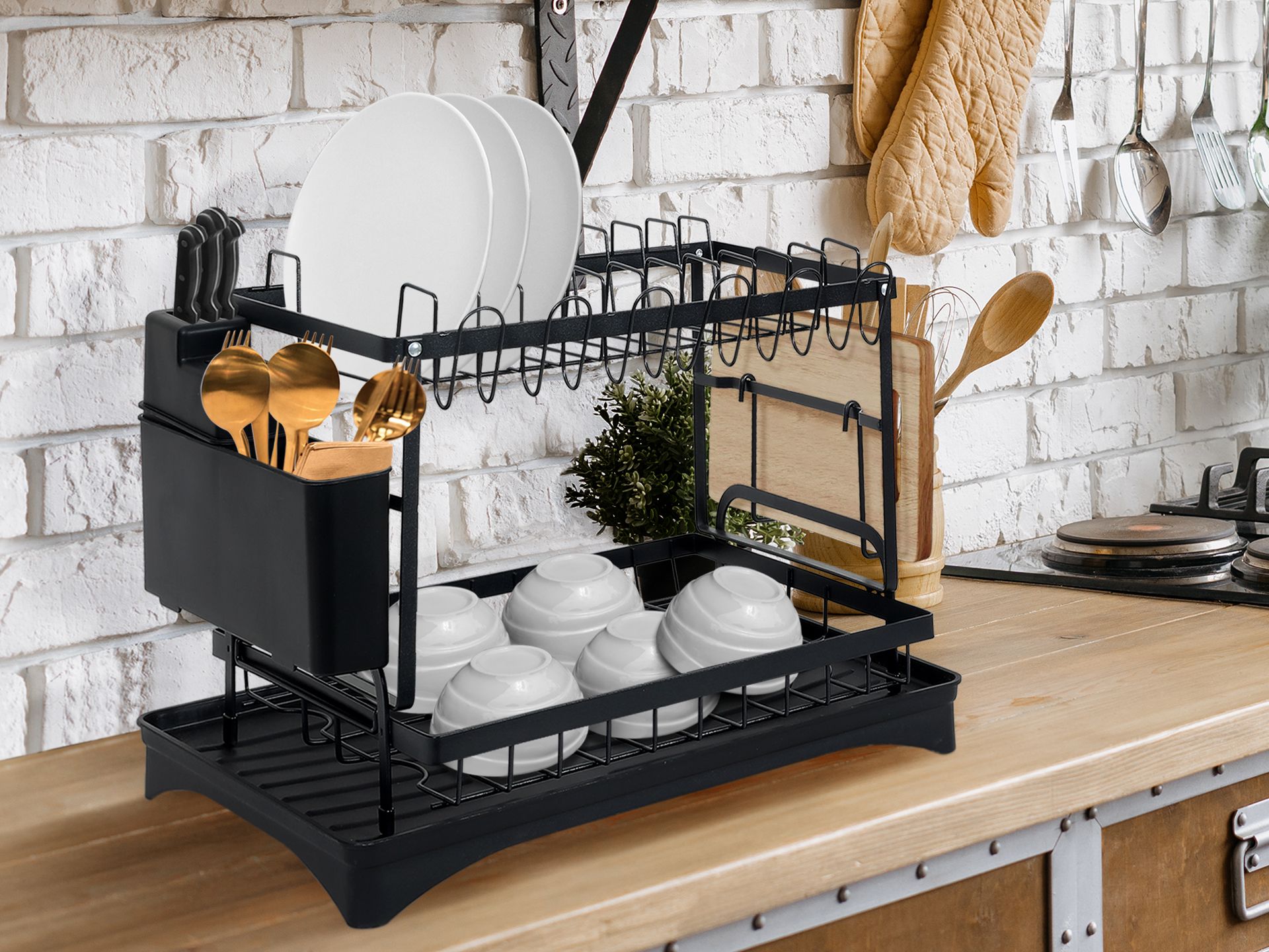 mDesign Steel Compact Modern Dish Drying Rack w/ Cutlery Tray - Black/Smoke  Gray