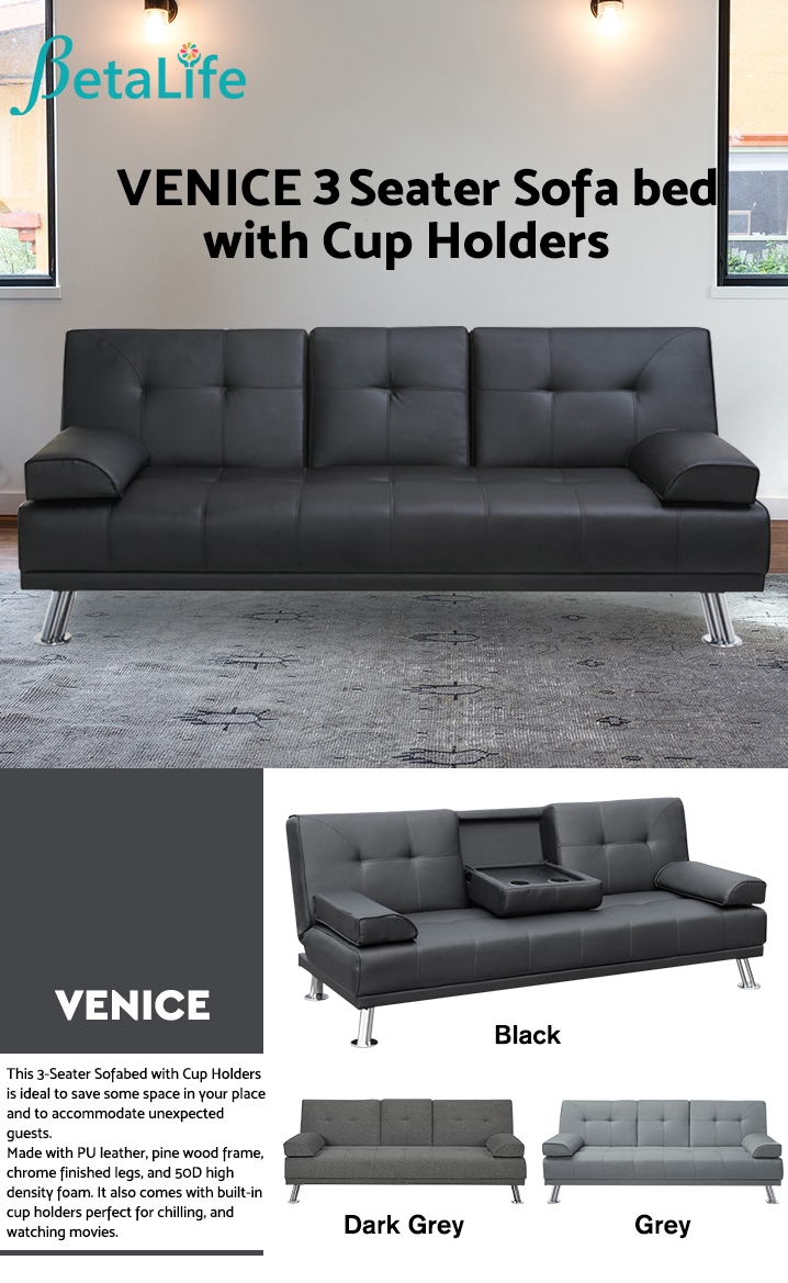 VENICE 3 Seater Sofa bed with Cup Holders - Black