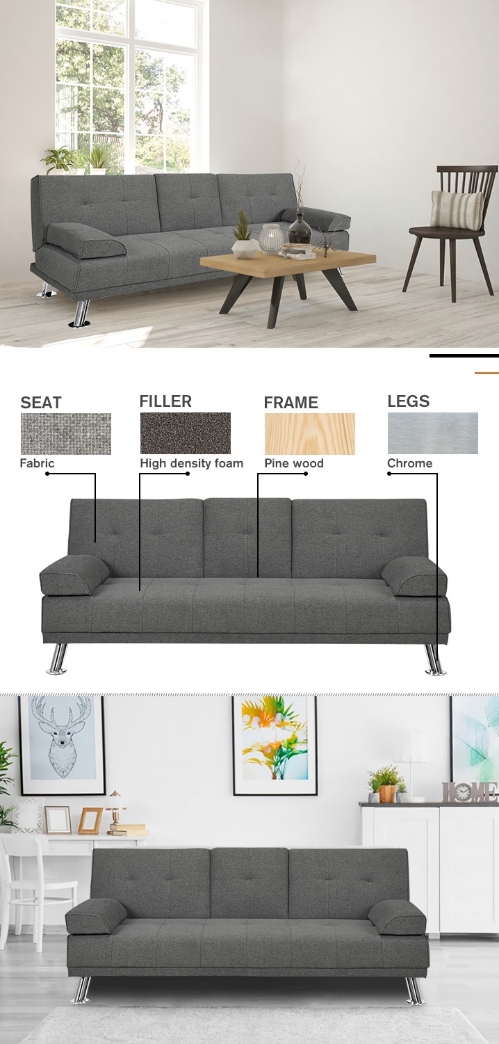 3-Seater Fold Out Sofabed with Cup Holders DARK GREY