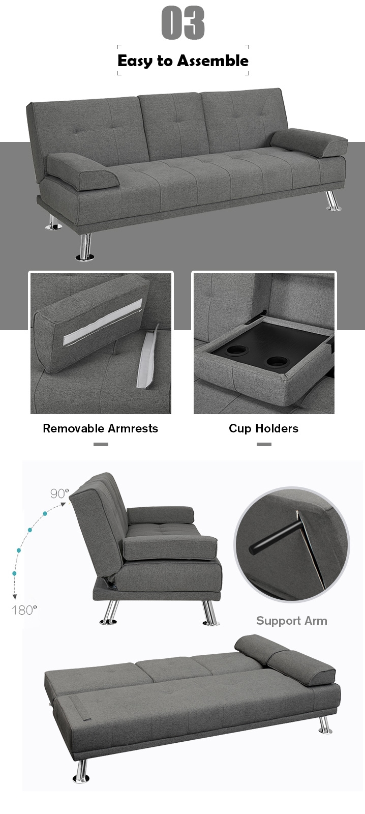 3-Seater Fold Out Sofabed with Cup Holders DARK GREY