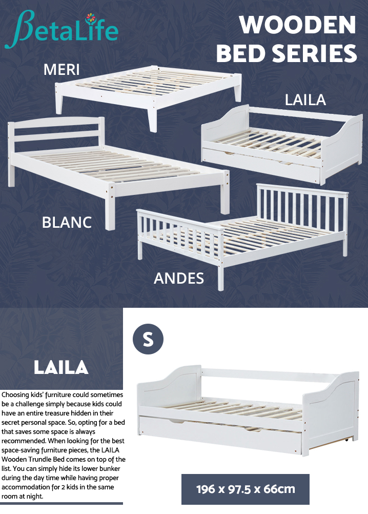 LAILA Single Wooden Trundle Bed - WHITE