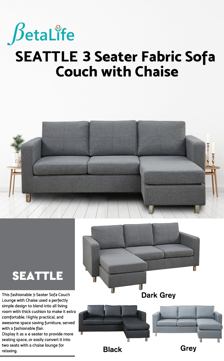 SEATTLE 3-Seater Fabric Sofa Couch with Chaise - DARK GREY SEATTLE 3-Seater Fabric Sofa Couch with Chaise - DARK GREY