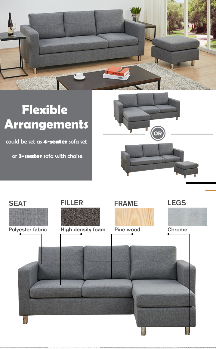 SEATTLE 3-Seater Fabric Sofa Couch with Chaise - DARK GREY SEATTLE 3-Seater Fabric Sofa Couch with Chaise - DARK GREY