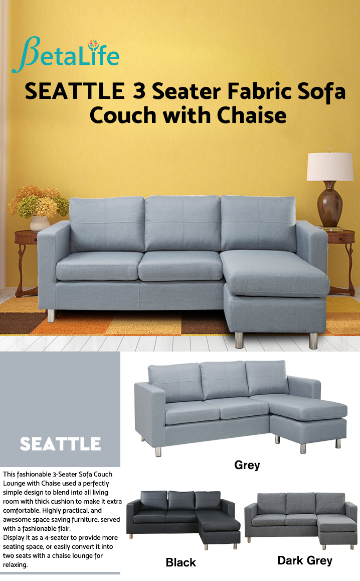 Seattle 3-Seater Fabric Sofa Couch with Chaise - Grey Seattle 3-Seater Fabric Sofa Couch with Chaise - Grey