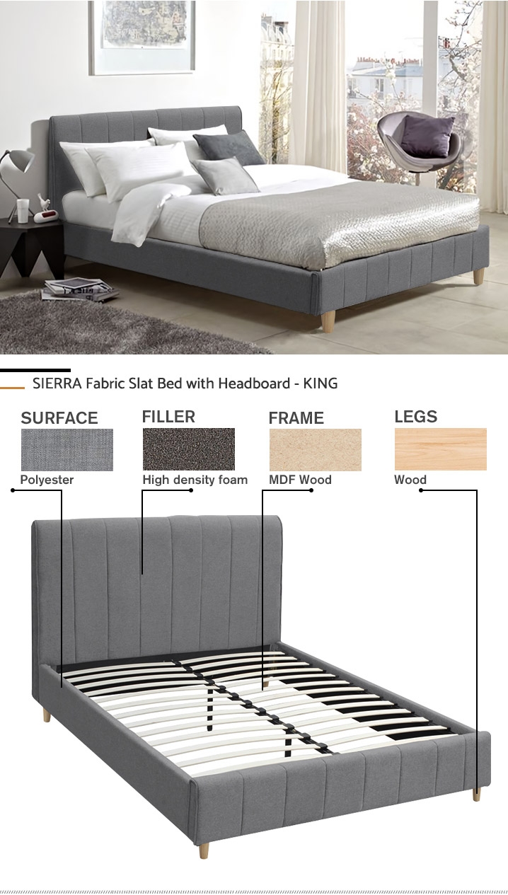 SIERRA Fabric Slat Bed with Headboard - KING BED