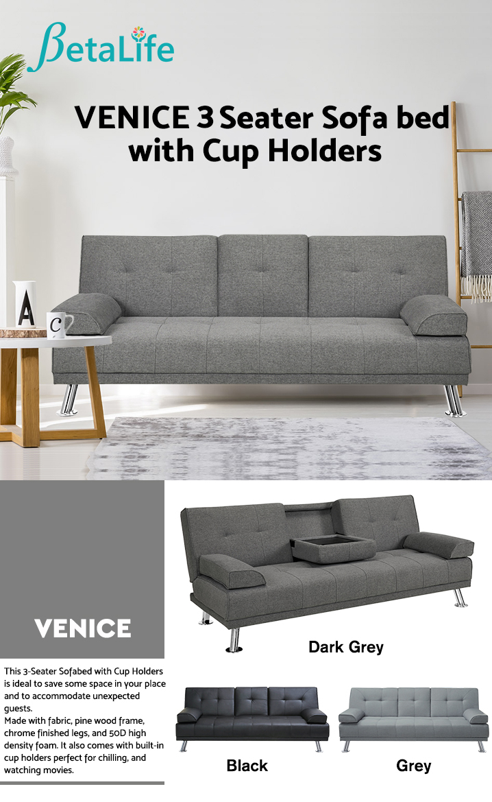 VENICE 3 Seater Sofa bed with Cup Holders - DARK GREY